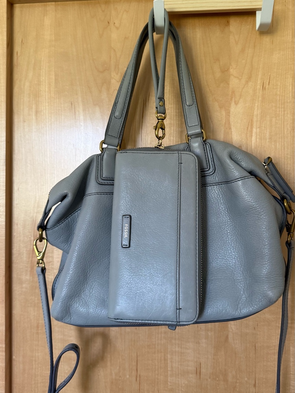 Fossil Slate Leather Shoulder Bag with Matching Wallet